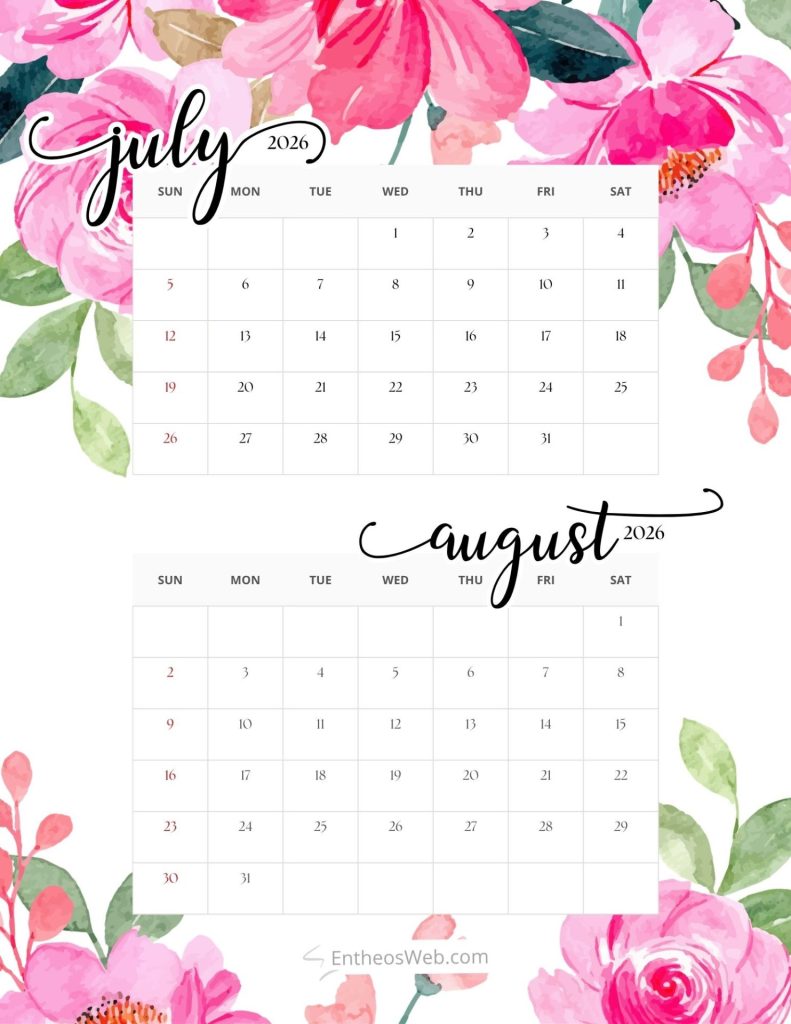 Decorative calendar showing july 2026 and august 2026 grids over a pink floral background 2 month   july august 2026 calendar pink floral 8 5 x 11 in